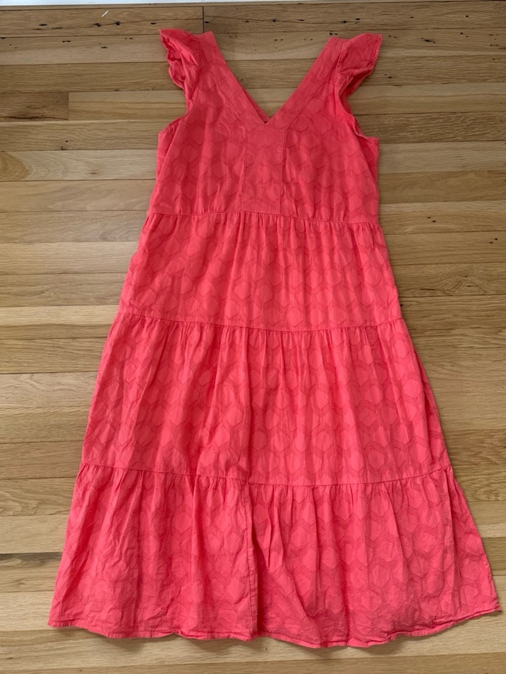 LOFT Coral Tiered V-Neck Flutter Sleeve Dress